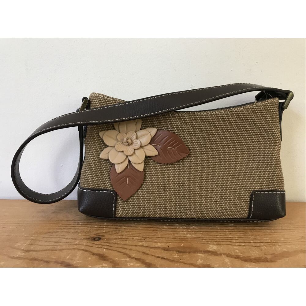 Liz Claiborne Small Brown Leather Floral Cotton Canvas Handbag Purse Clutch 9"